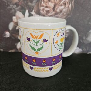 Vintage Made In‎ Japan Coffee Mug Scandinavian Bright Flowers Design - 80s